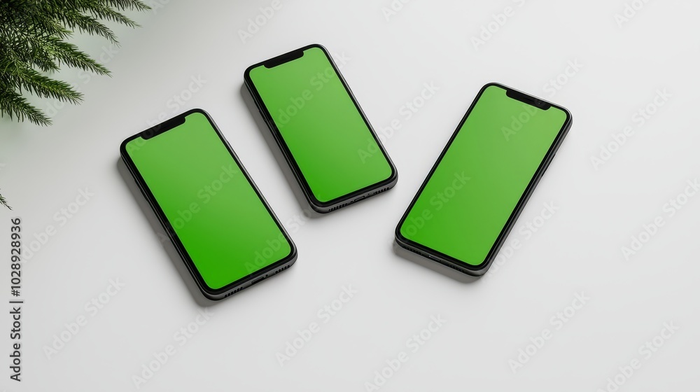 Aufkleber models of realistic smartphones with transparent screens, with green screens for the infographic glo