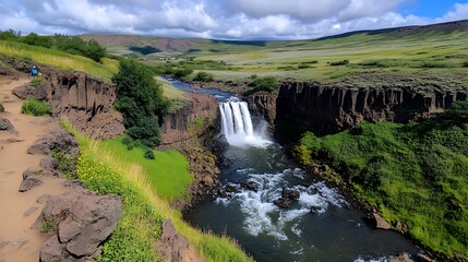 Majestic Waterfall in Lush Green Landscape