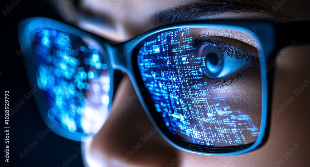 Poster Coder wearing glasses in close-up view looking at programming code, data, cybersecurity and digital tech while working on a computer.