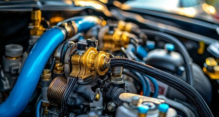 Fototapeta premium Mechanics use a manifold gauge to check refrigerant levels in air conditioners and refill refrigerant. They repair heating systems