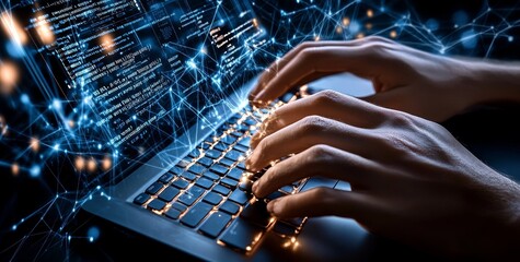 Fototapeta premium Concept depicting technology and software development. A coding programmer working on a laptop with a circuit board and javascript running on a virtual screen.