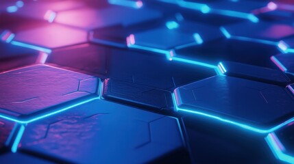 Obraz premium 3D-rendered futuristic abstract background, overlapping hexagons outlined by bright blue neon lights