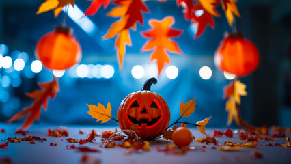smiling pumpkin with autumn leaves