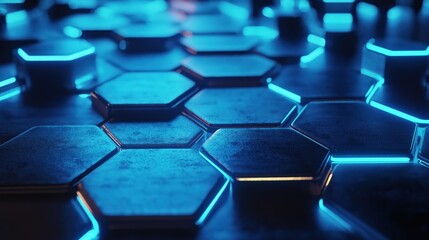Obraz premium 3D-rendered futuristic abstract background, overlapping hexagons outlined by bright blue neon lights