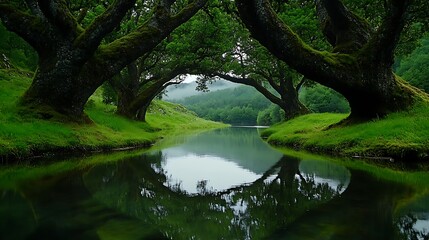 Fototapeta premium Tranquil Forest Stream with Green Trees and Reflections