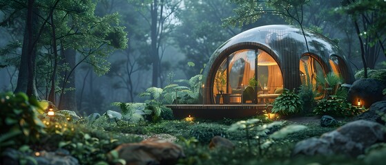 Cozy dome cabin in a lush forest setting, surrounded by vibrant greenery and illuminated by gentle lights in a serene natural landscape.