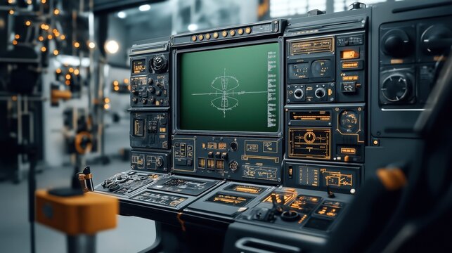 Futuristic control panel with numerous buttons, switches, and a central green screen displaying technical schematics in a high-tech laboratory environment