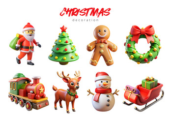 Fototapeta premium A colorful 3D Christmas icon set with a tree, snowman, gifts, candy canes, and festive elements, designed with a transparent background for seasonal design and decorative projects.