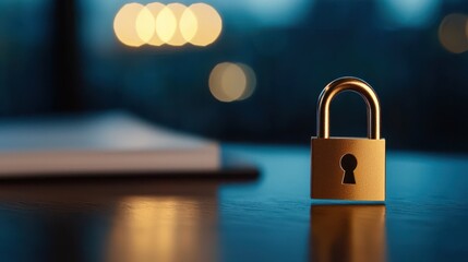 Golden padlock on table, blurred background