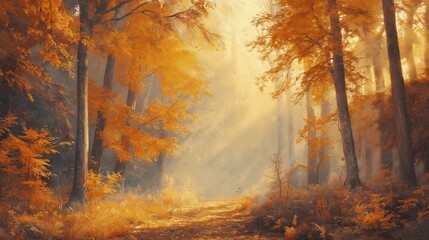 Obraz premium Misty autumn morning in the woods, with a golden glow filtering through the orange and yellow leaves