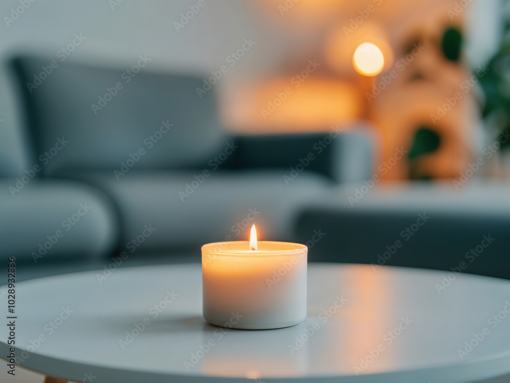 Poster lit candle burning on an empty table in a cozy living room, creating a relaxing atmosphere