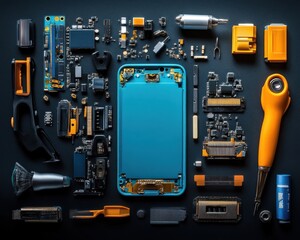 Fototapeta premium Disassembled smartphone components arranged like a puzzle, black background