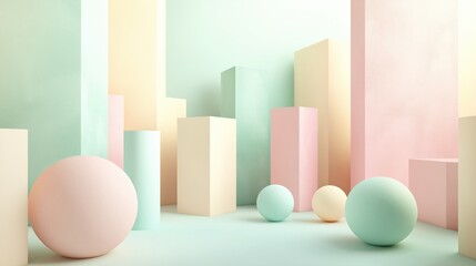 Geometric 3D abstract scene with smooth pastel-colored shapes, including spheres, cylinders, and blocks