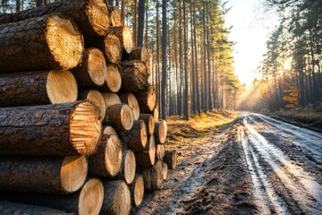 Stacked timber logs by the side of a forest road