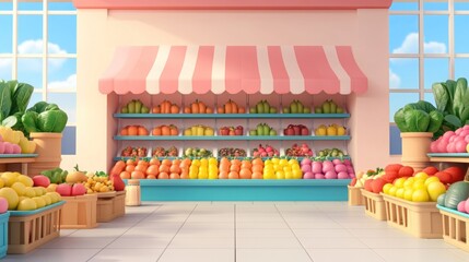 A 3D rendered illustration of a fruit stand with a pink awning, featuring a variety of fruits arranged in wooden crates and on shelves. The stand is situated in a bright, 