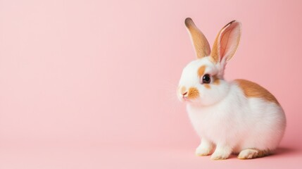 Stock minimalist photography of a rabbit with floppy ears, standing on a pastel pink background under soft studio lighting for a gentle, sweet appearance