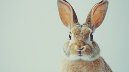 Fototapeta premium Stock minimalist photography of a curious rabbit with large ears, sitting against a minimalist white background with bright, even lighting