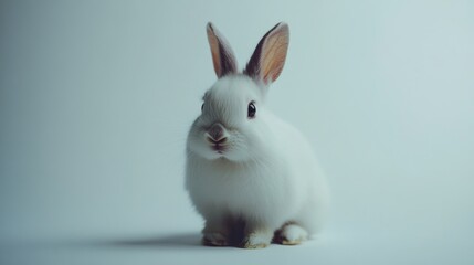 Obraz premium Stock minimalist photography of a rabbit with a gentle smile and large eyes, positioned on a clean white background with bright, even studio lighting