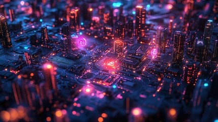 Obraz premium Smart City Network: Digital Community Connectivity, IoT Data Transactions 