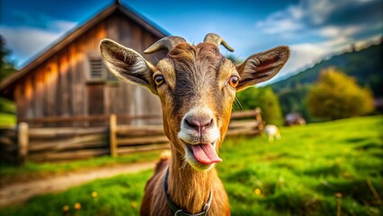 Fototapeta premium Funny Brown Farm Goat Sticking Out Tongue - Tilt-Shift Photography for Cute Animal Lovers