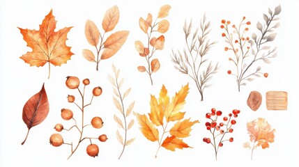 Obraz premium Charming watercolor illustration of fall elements, including dry leaves, branches, and berries. This elegant autumn flora set is perfect for posters, design projects, and clipart needs.