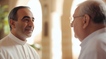 Portrait of a Middle Eastern priest having a conversation with a senior man after Sunday service, clean and minimalistic image with copy space in a Catholic church.