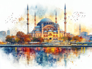 Naklejka premium Watercolor Painting of Hagia Sophia and Bridge in Autumn Setting