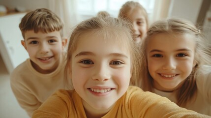 Obraz premium POV of a group of cheerful children, smiling and looking directly at the camera, as if taking a selfie together at home. Simple, cozy background.