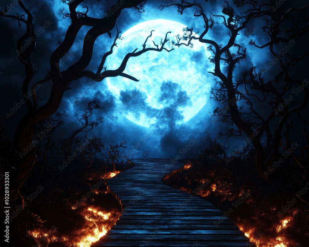 Poster Moonlit path through dark trees