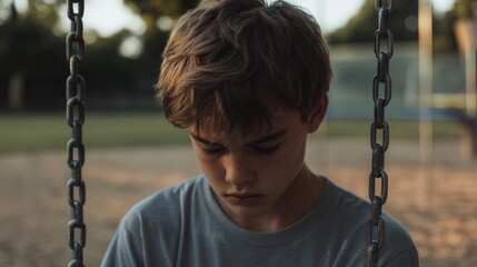 Stock minimalist photograph of a teenage boy sitting alone on a swing, looking down at the ground with a disappointed expression, an empty playground softly blurred in the background