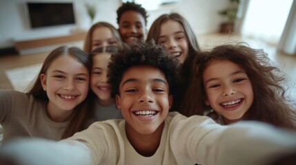 Group of joyful kids, all leaning in and smiling widely toward the camera in a home setting, as seen from their POV during a selfie. Warm, minimal backdrop.