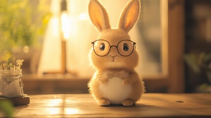 Stock minimalist photography of a bunny wearing glasses and a small bow tie, sitting on a wooden table with soft, warm lighting for a cozy indoor setting