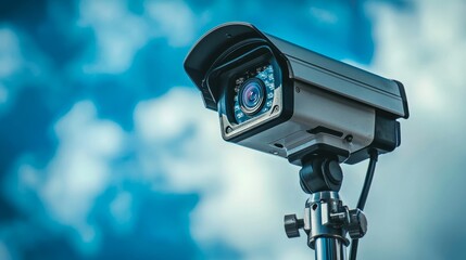 Naklejka premium Minimalist Camera on Tripod Against Blue Sky