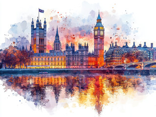 Fototapeta premium Watercolor Painting of London Skyline with Big Ben and Bridge
