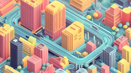 Fototapeta premium An intricate isometric city map where path manipulation techniques like anchor points and Bézier curves are used to create smooth, flowing roads, and organic shapes amidst the sharp geometry of buildi