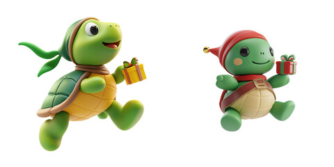 Obraz premium Two cheerful cartoon turtles holding gifts, celebrating festive occasion with joy and excitement. Their playful expressions add to festive spirit