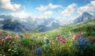 Alpine meadow with blooming wildflowers and distant peaks, 4K hyperrealistic photo