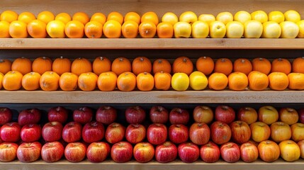 A close-up of a shelf with three rows of oranges, lemons, and apples, stacked neatly in a grocery store or market.