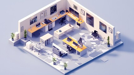 A modular isometric design of a tech-savvy office, where desks, computers, and furniture are all interchangeable, creating a dynamic and customizable workspace with scalable components 