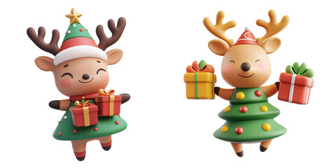 Cute cartoon reindeer characters celebrating Christmas with gifts. They wear festive hats and colorful outfits, spreading joy and holiday cheer