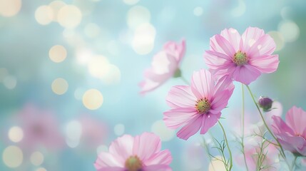 Fototapeta premium Pink cosmos flowers in full bloom with a light blue bokeh background