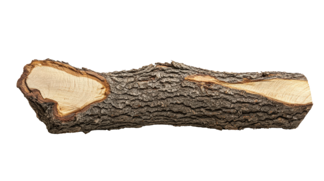 Close-up of a tree log with textured bark and exposed wood, showcasing natural patterns and rustic beauty in a studio setting.