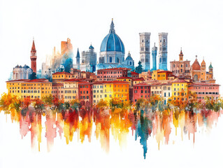 Fototapeta premium Watercolor Painting of Italian Cityscape with Domes and Reflections