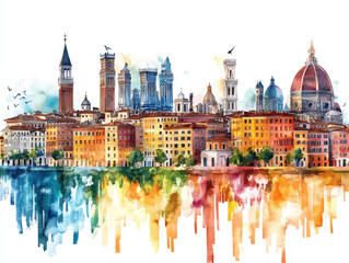 Fototapeta premium Watercolor Painting of Italian Cityscape with Domes and Reflections