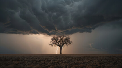 solitary tree stands tall in barren field under dramatic sky filled with dark clouds and lightning. scene evokes sense of isolation and power in nature