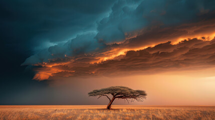 solitary tree stands tall in barren field under dramatic storm clouds, showcasing stunning contrast of colors as sun sets. scene evokes sense of resilience and beauty in nature
