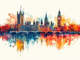 Watercolor Painting of London Skyline with Famous Landmarks
