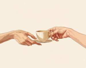 pair of hands passing cup, symbolizing connection and sharing. warm tones evoke sense of comfort and togetherness, perfect for illustrating moments of kindness