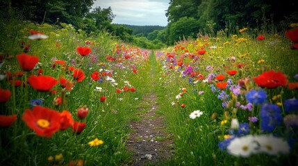 A winding path through a vibrant wildflower meadow, with red poppies and other colorful blossoms in full bloom.