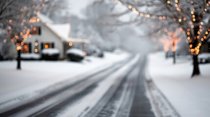 serene winter scene featuring snow covered street lined with houses adorned with glowing Christmas lights. soft focus creates dreamy atmosphere, evoking sense of warmth and holiday spirit
